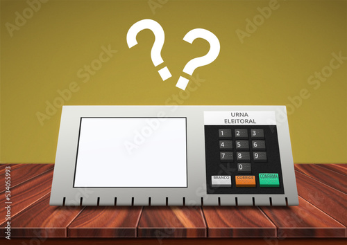 The electronic ballot box with numeric keypad on wooden surface. Buttons with braille font.