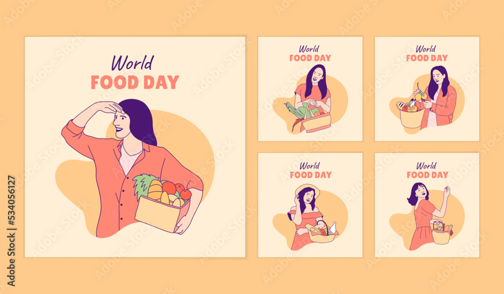 Illustrations beautiful woman holding picnic basket food for World Food Day social media posts collection