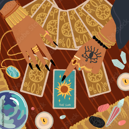 Female fortune teller using tarot cards to predict future. Divination concept vector posters set. Tarot cards, magic objects and sign, hand with seeing eye symbol, spiritual seance
