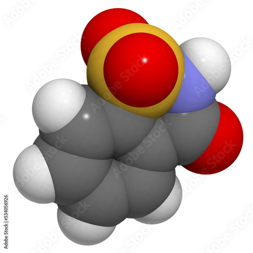 Saccharin artificial sweetener molecule. 3D rendering. photo