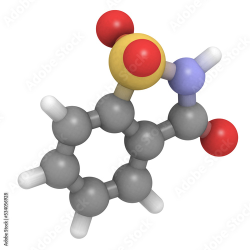 Fotografie Saccharin artificial sweetener molecule. 3D rendering.