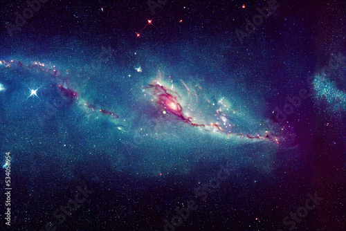 A view from space to a galaxy and stars. Universe filled with stars, nebula and galaxy,. Panoramic shot, wide format 