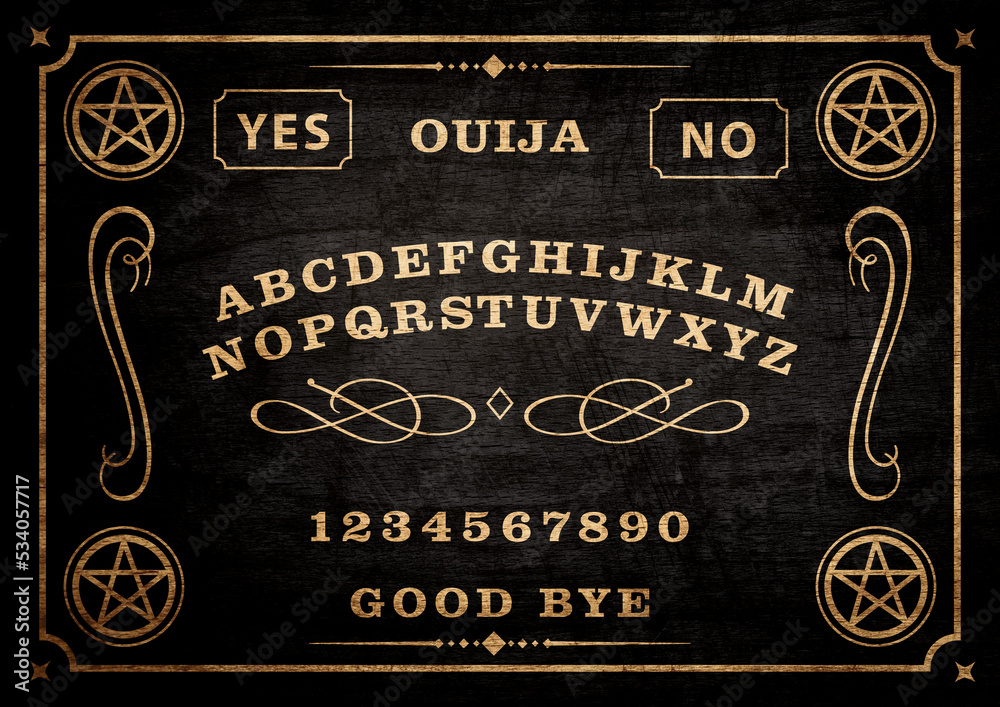 Planchette of Ouija Board on wooden texture. Poster with game of ghosts. Halloween play with calling souls and demons. Party poster. Graphic, typography, alphabet, letters, numbers.