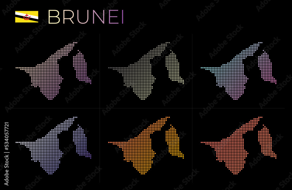 Fototapeta premium Brunei dotted map set. Map of Brunei in dotted style. Borders of the country filled with beautiful smooth gradient circles. Astonishing vector illustration.