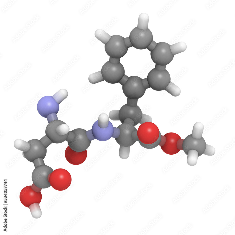 Aspartame artificial sweetener molecule. Used as sugar substitute. 3D rendering.