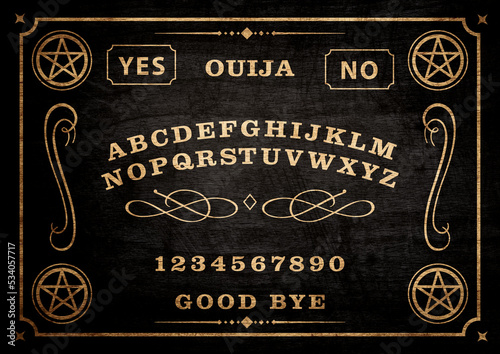 Obraz na płótnie Planchette of Ouija Board on wooden texture. Poster with game of ghosts. Halloween play with calling souls and demons. Party poster. Graphic, typography, alphabet, letters, numbers. w salonie