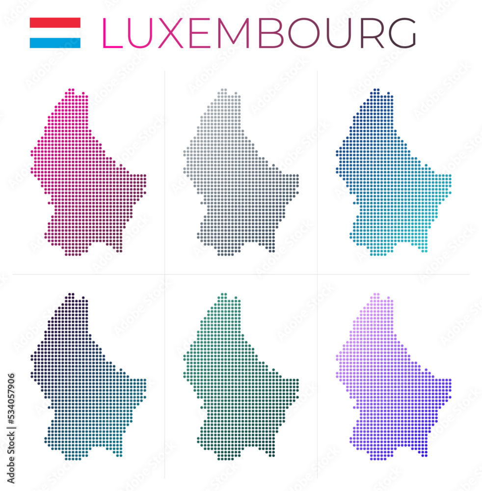 Luxembourg dotted map set. Map of Luxembourg in dotted style. Borders of the country filled with beautiful smooth gradient circles. Modern vector illustration.