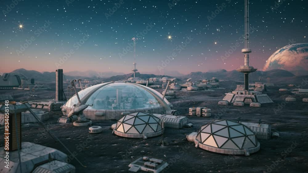 Colonization of the planet. Exploring mission to another planet. Space base on the moon. 3d animation