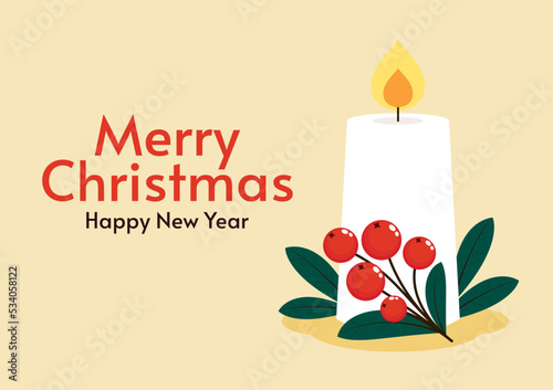Christmas candle vector. Christmas candle and holly berry. Vector illustration.