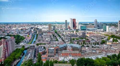 City aerial view of The Hague city center with North Sea on the horizon