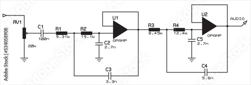 Vector electrical circuit of an electronic analog device with operational amplifier. 
Electrical schematic diagram.