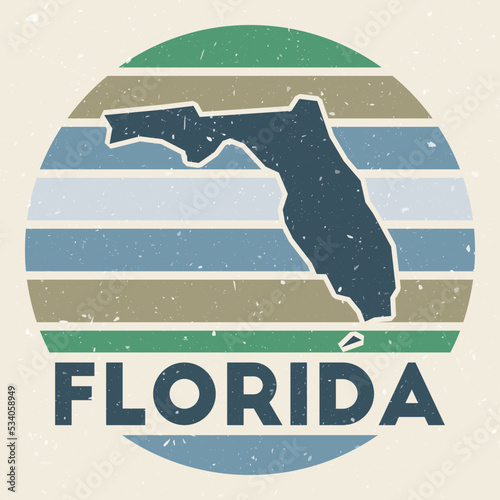 Florida logo. Sign with the map of the US state and colored stripes, vector illustration. Can be used as insignia, logotype, label, sticker, or badge of Florida.