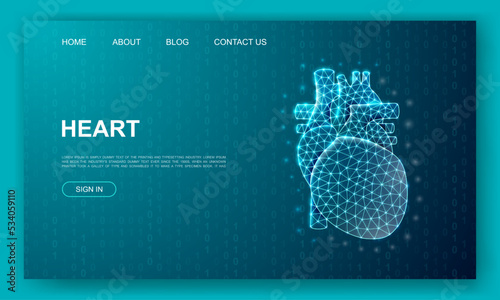 Heart 3d polygonal website template. Cardiology design illustration concept. Low poly Internal organ symbol for homepage, promotion banner design.