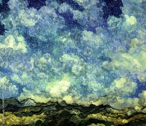 Perfect beautiful 3d illustrataion of sky with fluffy clouds in Van Gogh style. High quality 