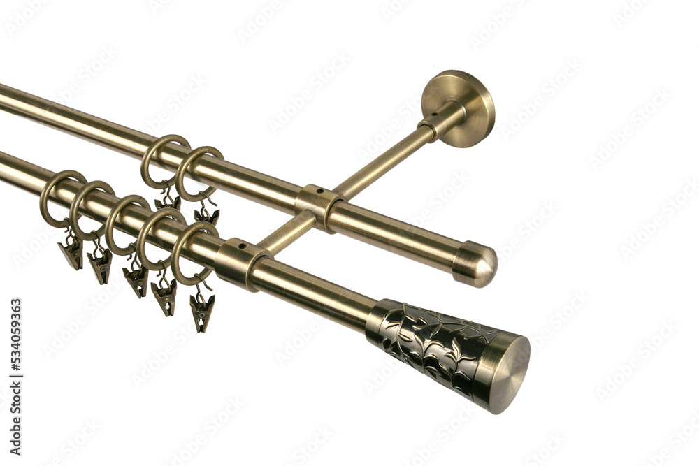 Metal curtain cornice and finials on the white background. Metal ending for cornices. Metal curtain cornice and finials on the white background. Metal ending for cornices.