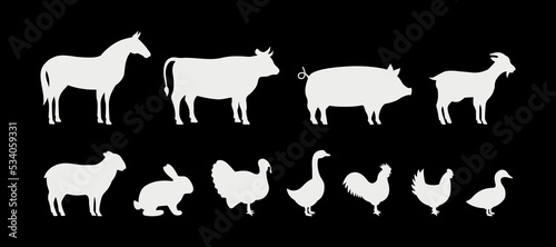 Farm animals silhouettes set isolated on black background. Pig, Horse, Turkey, Goat, Sheep, Chicken, Rooster, Duck, Rabbit, Goose, Cow silhouettes.