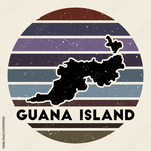 Guana Island logo. Sign with the map of the island and colored stripes, vector illustration. Can be used as insignia, logotype, label, sticker, or badge of Guana Island.