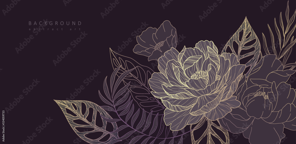 Botanical line bakground with flowers and leaves. Floral foliage for wedding invitation, wall art or card template. Vector illustration. Luxury rustic trendy art Botanical line bakground with flowers and leaves. Floral foliage for wedding invitation, wall art or card template. Vector illustration. Luxury rustic trendy art