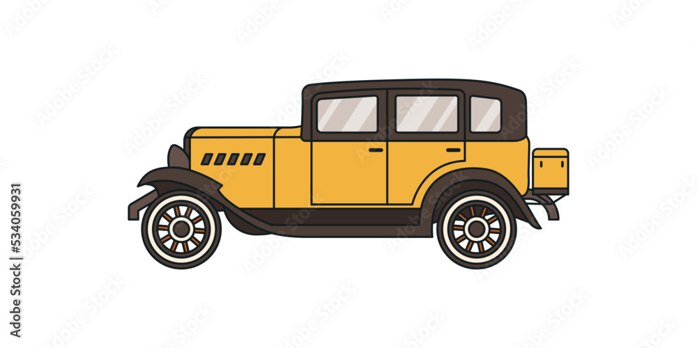 Vintage yellow old car made in 30s years. Vector flat illustration in