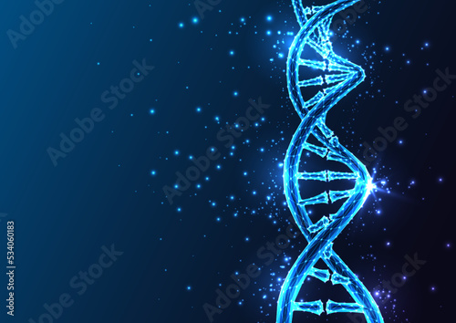 Futuristic DNA molecule in glowing low polygonal style on dark blue background. Helix DNA structure