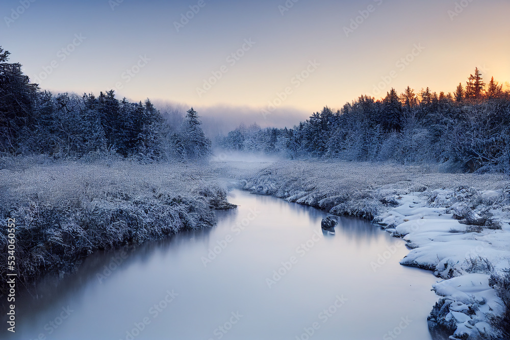 Winter landscape with snow along a river bend