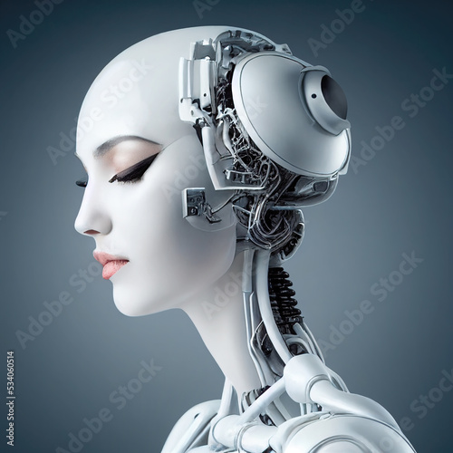 Illustration of a beautiful female android with robotic nerves and bones. Artificial intelligence concept, Generative AI photo