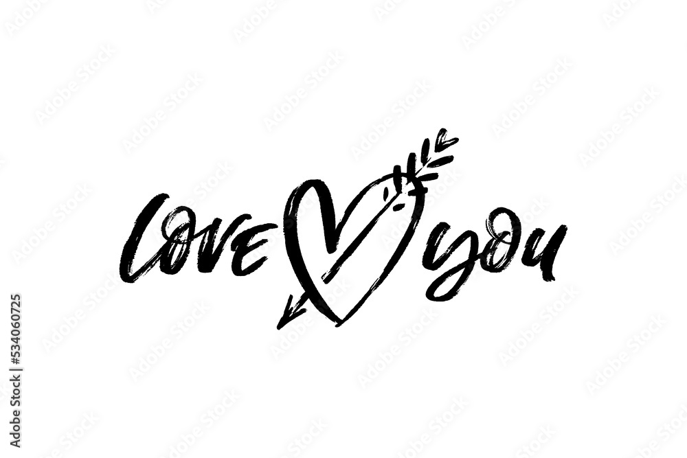 Vector hand written lettering. Marker script love you with hand drawn heart and an arrow. Romantic minimalistic horizontal card.