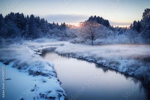 Winter landscape covered in snow at sunset 