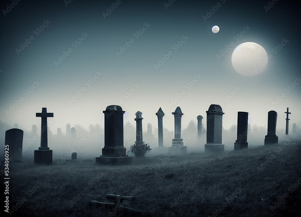Spooky image of an abandoned cemetery, gloomy and gothic graves, full moon night, cold and ghostly atmosphere