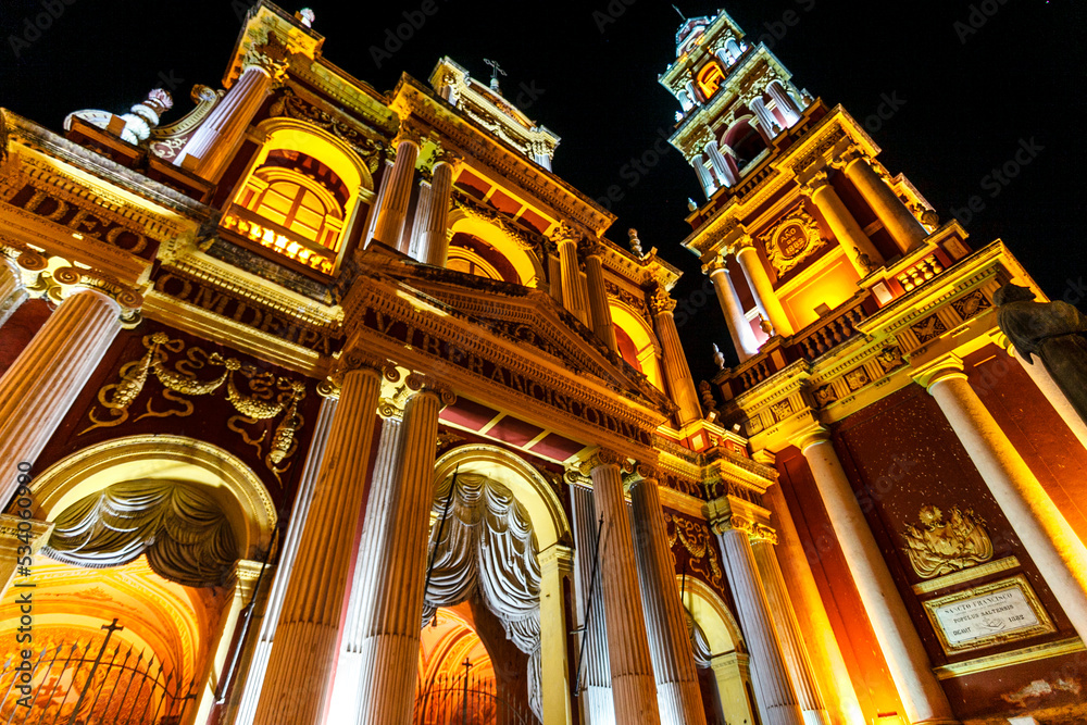 Illuminated exterior of the San Francisco church in Salta by night. Argentina, South America