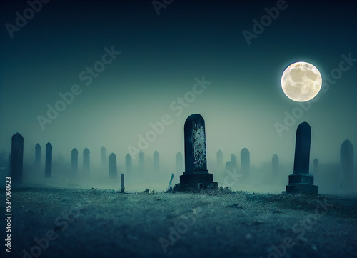 Spooky image of an abandoned cemetery, gloomy and gothic graves, full moon night, cold and ghostly atmosphere