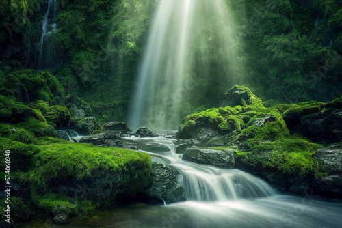 Fotobehang Natural waterfall with rocks and green moss