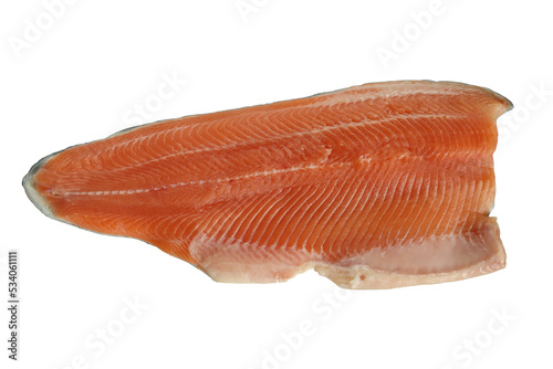 Fresh raw fillet from rainbow troat or salmon isolated on transparent background without shadow. Fish uncooked fillet. Portion of food prepared for cooking. Grilling season. Healthy and tasty food.