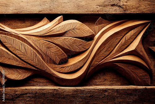 3 D render. Background of carved wood