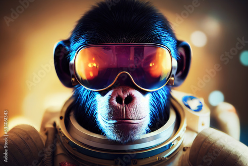 3D render. A monkey in a futuristic suit uses a VR helmet. Futuristic space portal hero