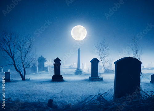 Spooky and abandoned old cemetery, lit by the moon, with old graves, Halloween night