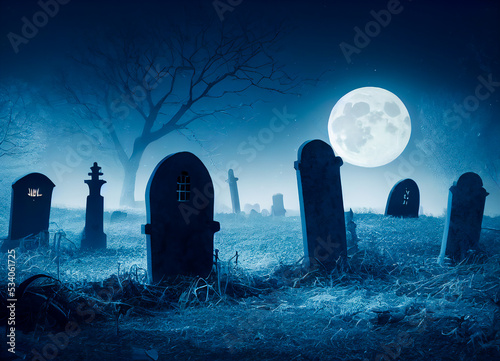 Vászonkép Spooky and abandoned old graveyard, lit by the full moon, with ancient tombs, Ha