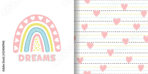 Cute rainbow with hearts seamless pattern. Repeating pink cartoon design for prints. Baby background. Repeated children patern. Repeat rainbows printing. Abstract kid printed. Vector illustration