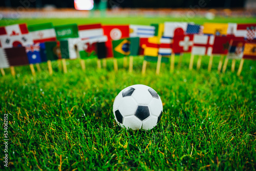 Football tournament. International games. Sport photo. Football ball and nationals flag including flag of Qatar  Brazil  Germany  France and others football Countries