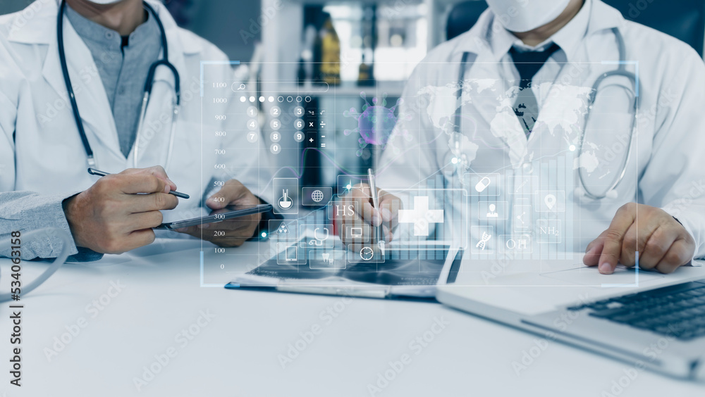 Fototapeta premium Medicine doctor using digital healthcare and network connection on hologram modern virtual screen interface icons, Medical technology futuristic concept.