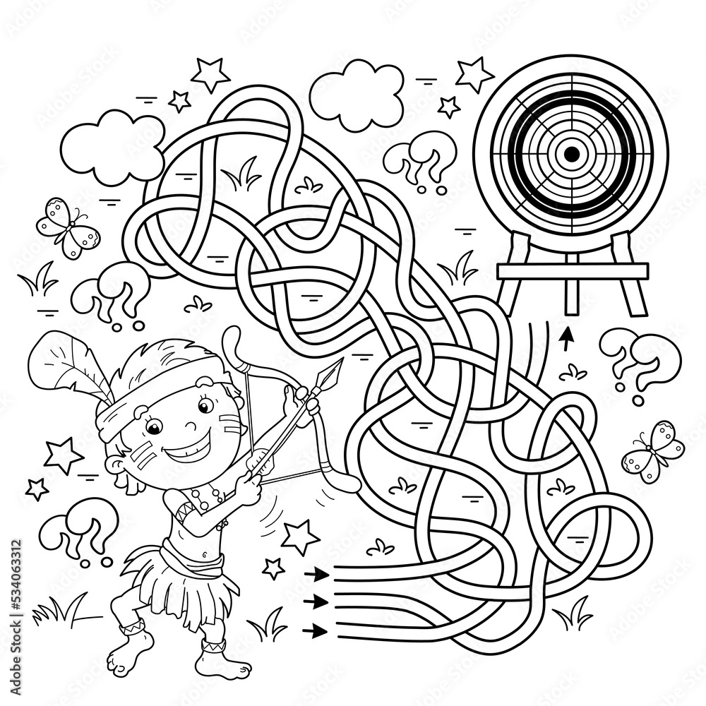 Maze or Labyrinth Game. Puzzle. Tangled road. Coloring Page Outline Of cartoon cheerful boy indian with bow for shooting and arrow and with target. Coloring Book for kids.