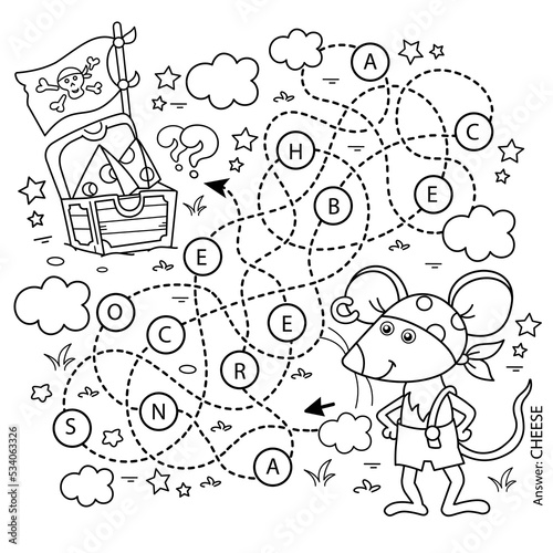 Maze or Labyrinth Game. Puzzle. Tangled road. Coloring Page Outline Of Cartoon little pirate mouse with chest of treasure. Cheese trove. Coloring Book for kids.
