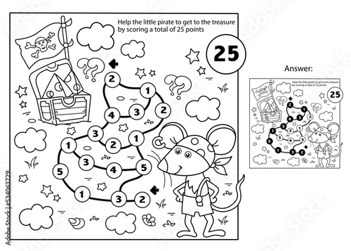 Math addition game. Puzzle for kids. Maze. Coloring Page Outline Of Cartoon little pirate mouse with chest of treasure. Cheese trove. Coloring Book for children.