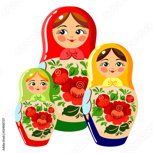 Russian souvenir, matryoshka, nesting dolls. Three wooden painted toys.