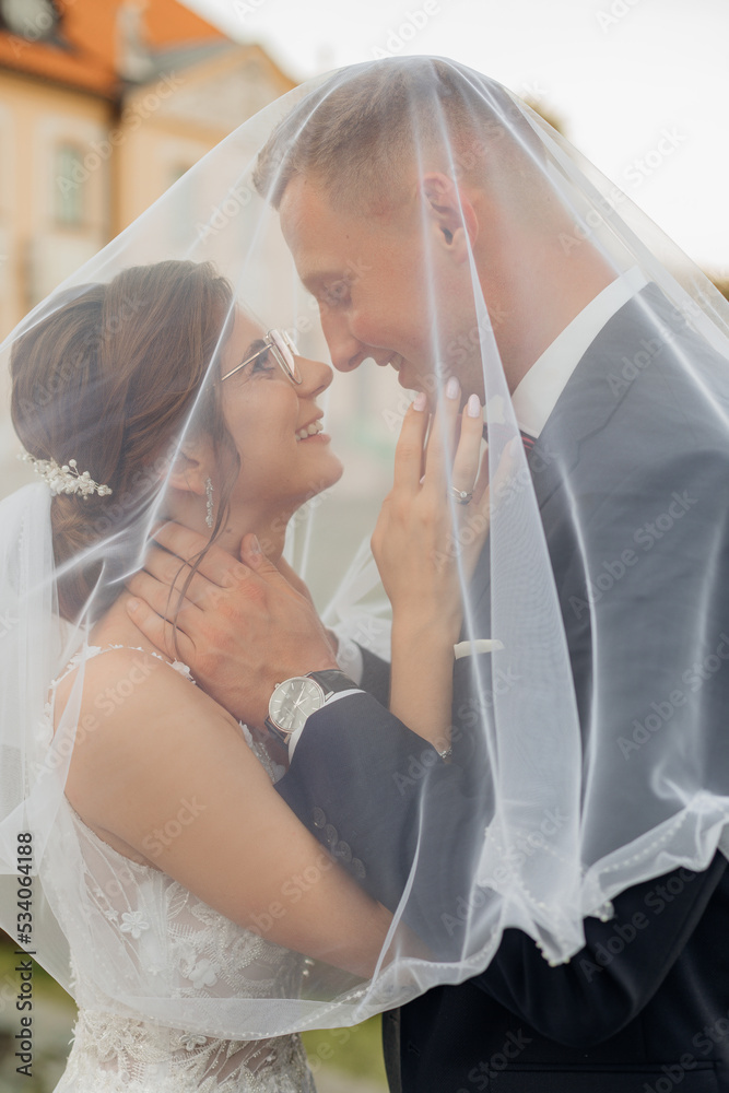 Side view of smiling wedding couple standing under veil. Young woman  touching face of man, young groom hugging bride. Stock Photo