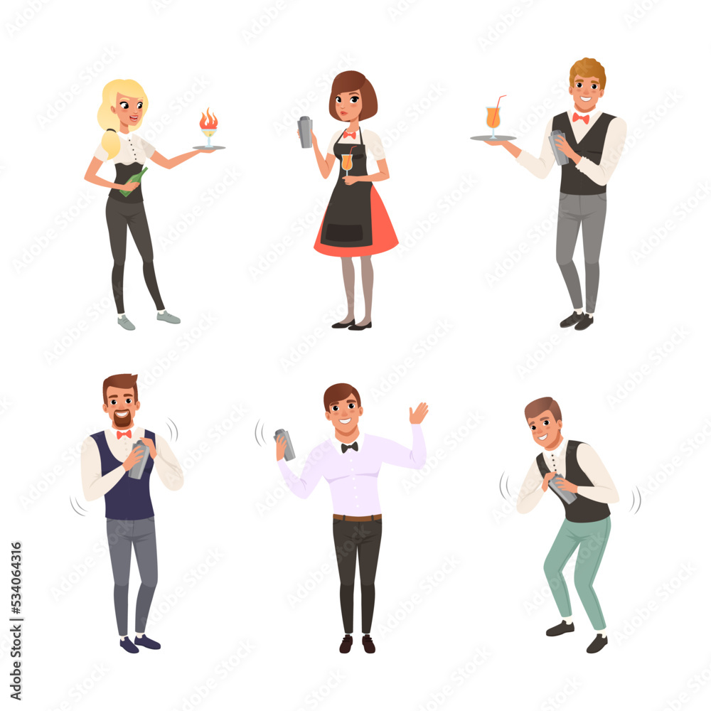 Waiter and waitress set. Restaurant or cafe staff characters cartoon vector illustration Waiter and waitress set. Restaurant or cafe staff characters cartoon vector illustration