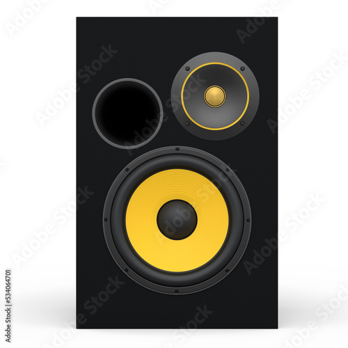 Hi-fi speakers with loudspeakers for sound recording studio on white background.