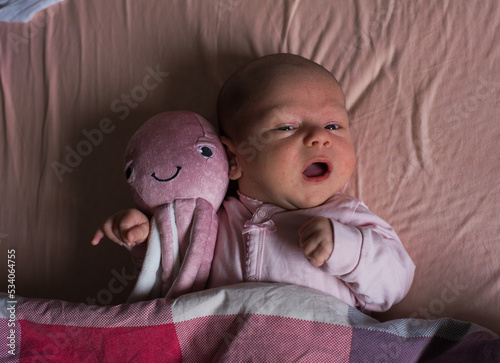 Newborn baby girl in pink and a pink octopus