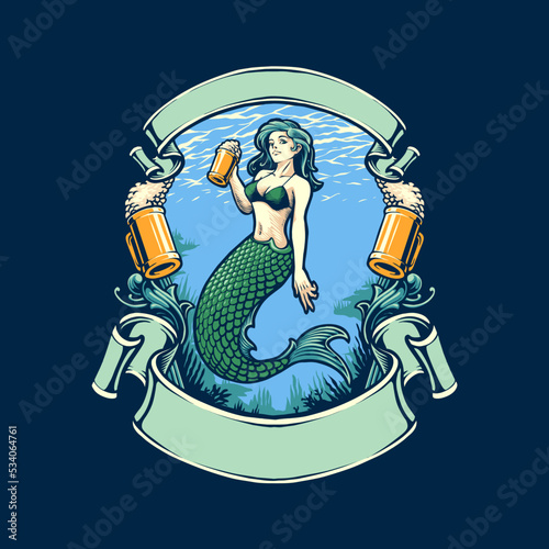 the mermaid and beer illustration vector