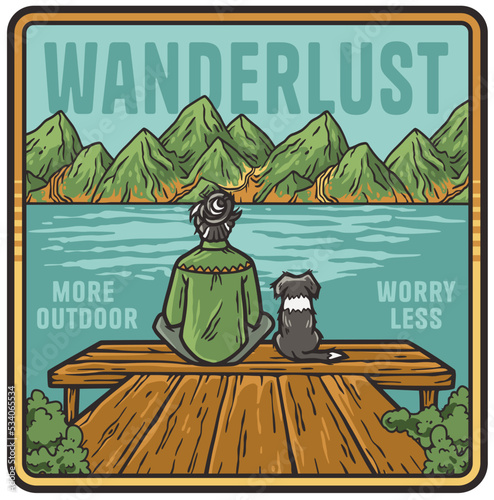 Outdoor wild camping print with Girl traveller and dog travel companion. Mountains adventure. Wanderlust summer forest explore